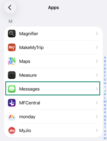 iPhone Apps list with Messages highlighted.