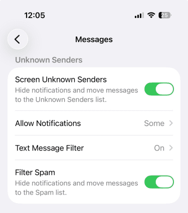 iPhone Messages settings with Screen Unknown Senders highlighted.