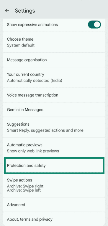 Google Messages settings with Protection and safety highlighted.