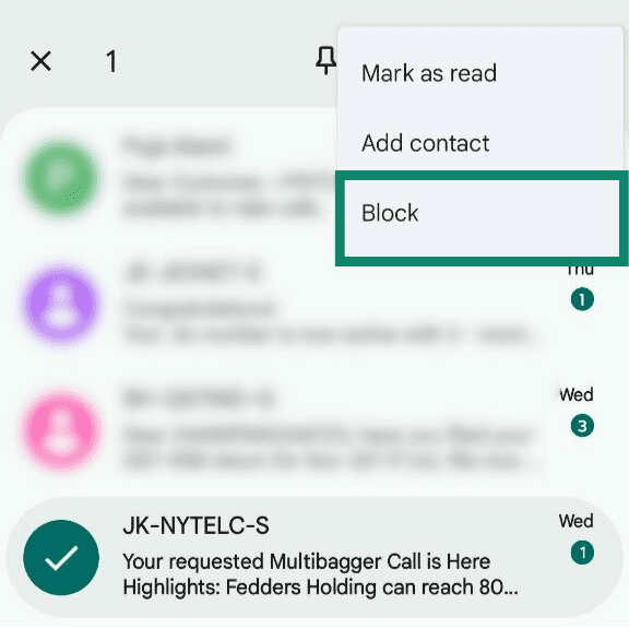 Android Messages app showing the three-dot menu expanded, with the Block option highlighted.