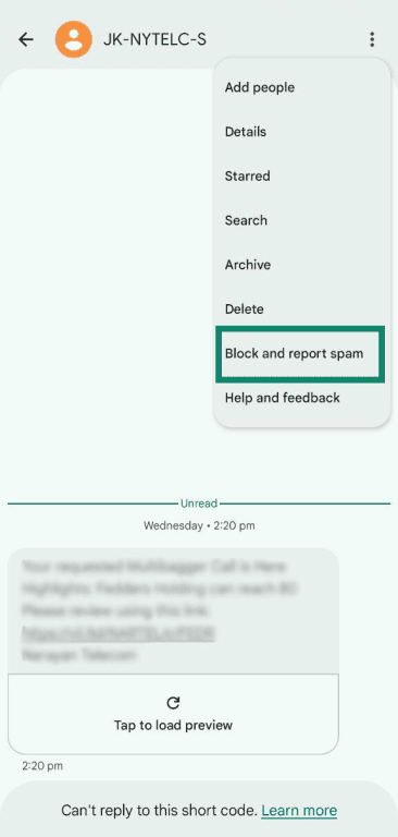 Message options menu showing Block and report spam highlighted.