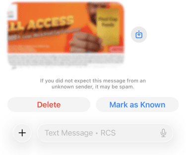 iPhone message from an unknown sender with Delete and Mark as Known options.