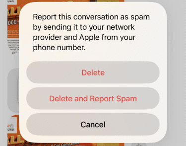 iPhone spam report prompt with Delete and Report Spam option.