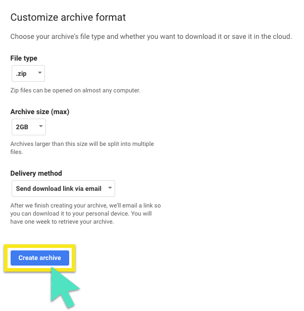 Der Bildschirm "Archivformat anpassen" von Google, wobei die Schaltfläche "Archiv erstellen" hervorgehoben ist.