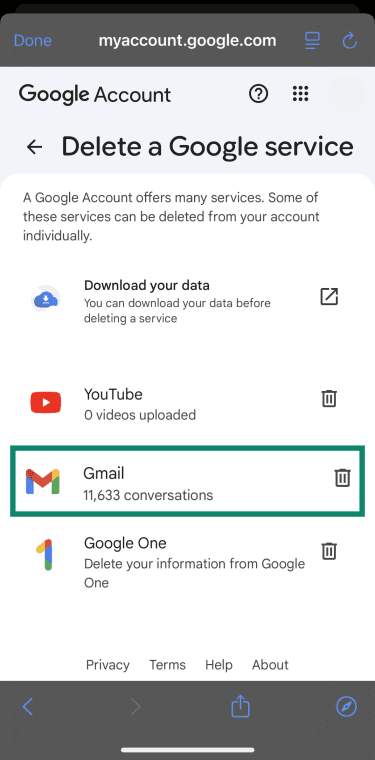Gmail listed under Delete a service options on the Google Account in iOS.
