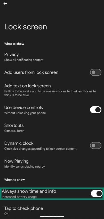 Enabling the Always On Display through the Lock screen menu in a Google Pixel device