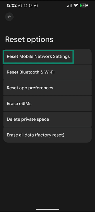 Reset Mobile Network Settings option.