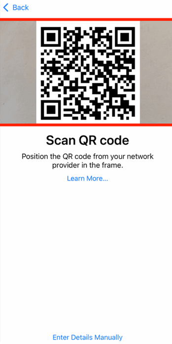 Scan QR code to set up eSIM on iPhone