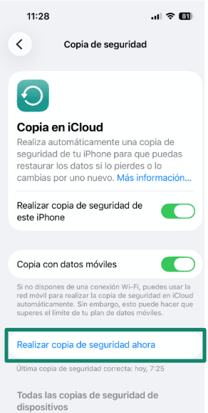 iCloud Backup section in iPhone settings with "Back Up Now" button highlighted.