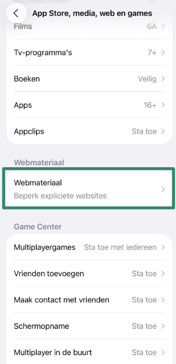 iPhone screen showing Web Content restriction setting.
