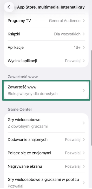 iPhone screen showing Web Content restriction setting.