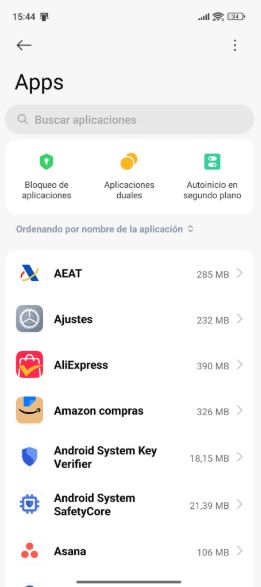 Manage apps screen showing list of installed Android apps with storage size.