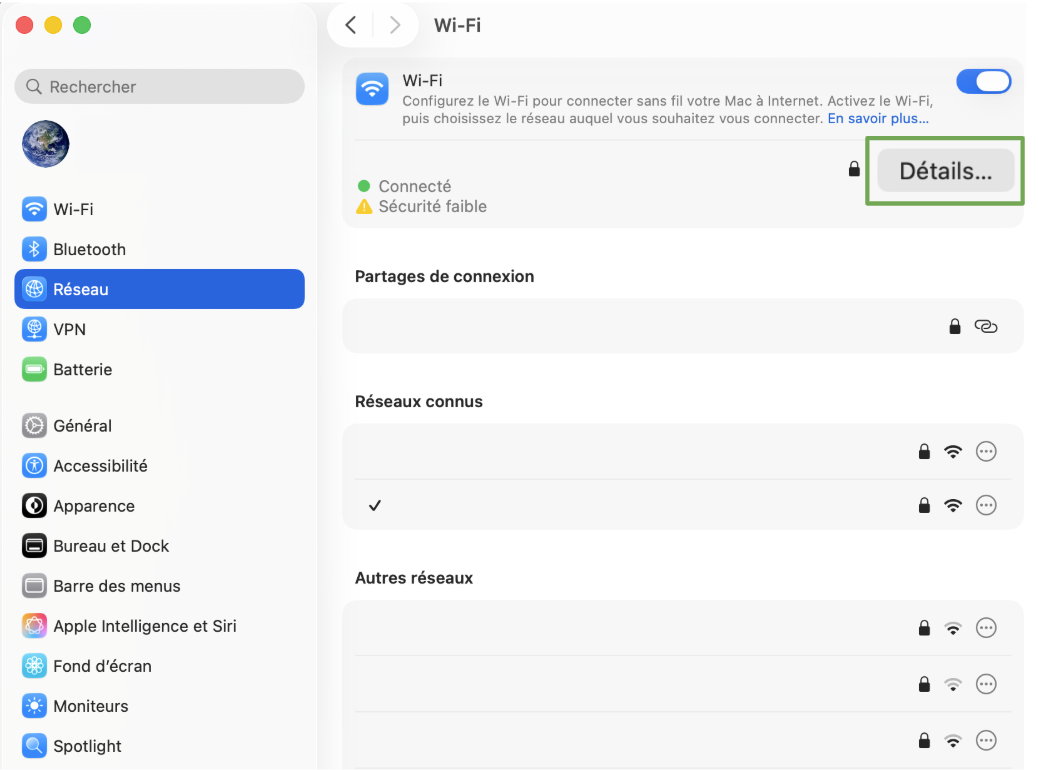 The Network menu of an Apple Mac, showing the list of networks and the Advanced button.