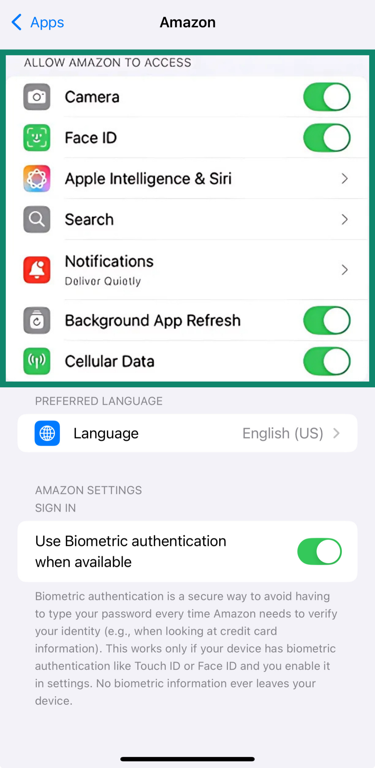 Managing the Amazon app permissions on iPhone.