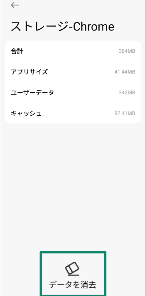 Chrome storage screen on Android with Clear data option highlighted.