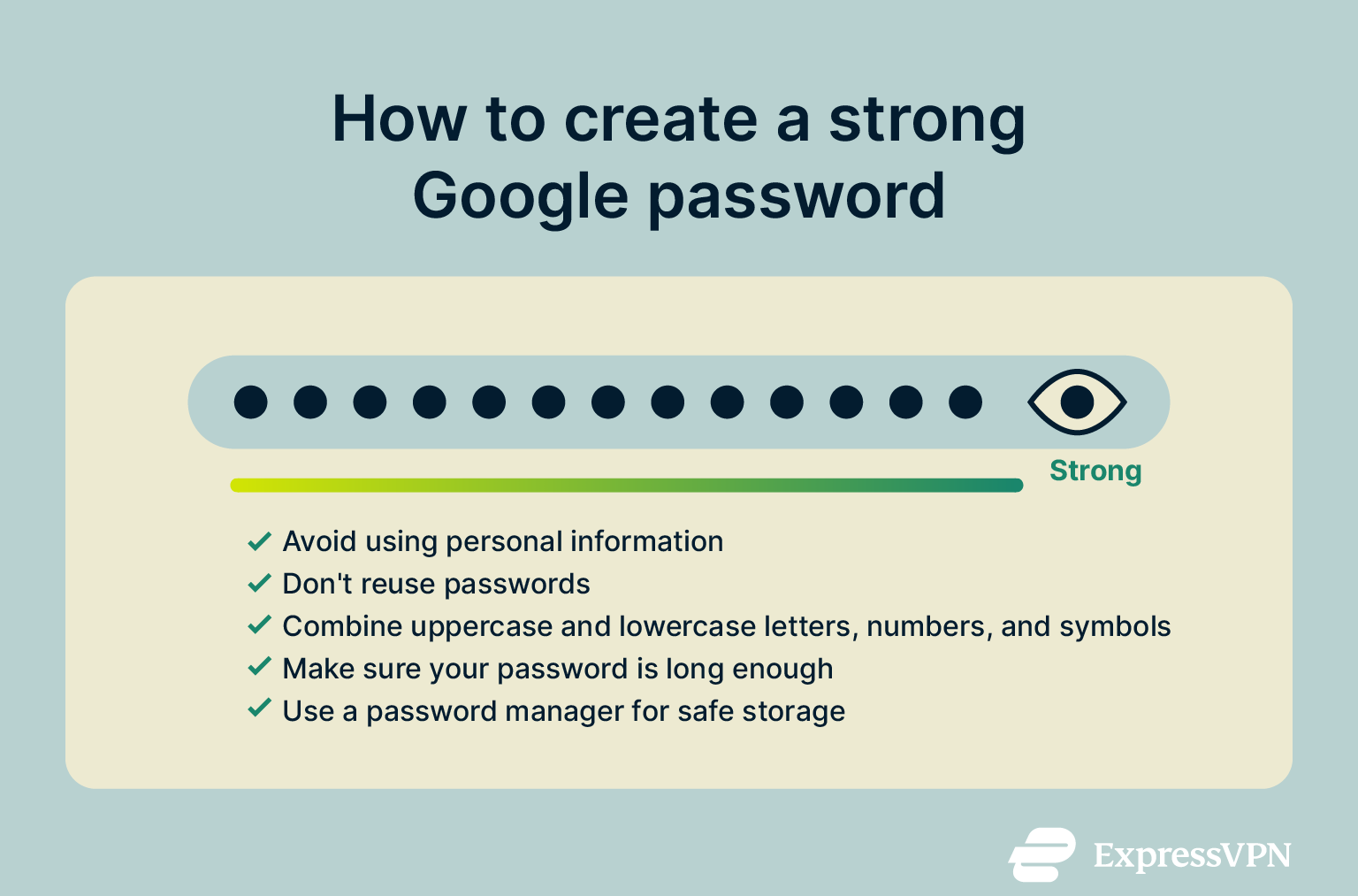 Infographic showing how to create a strong Google password.