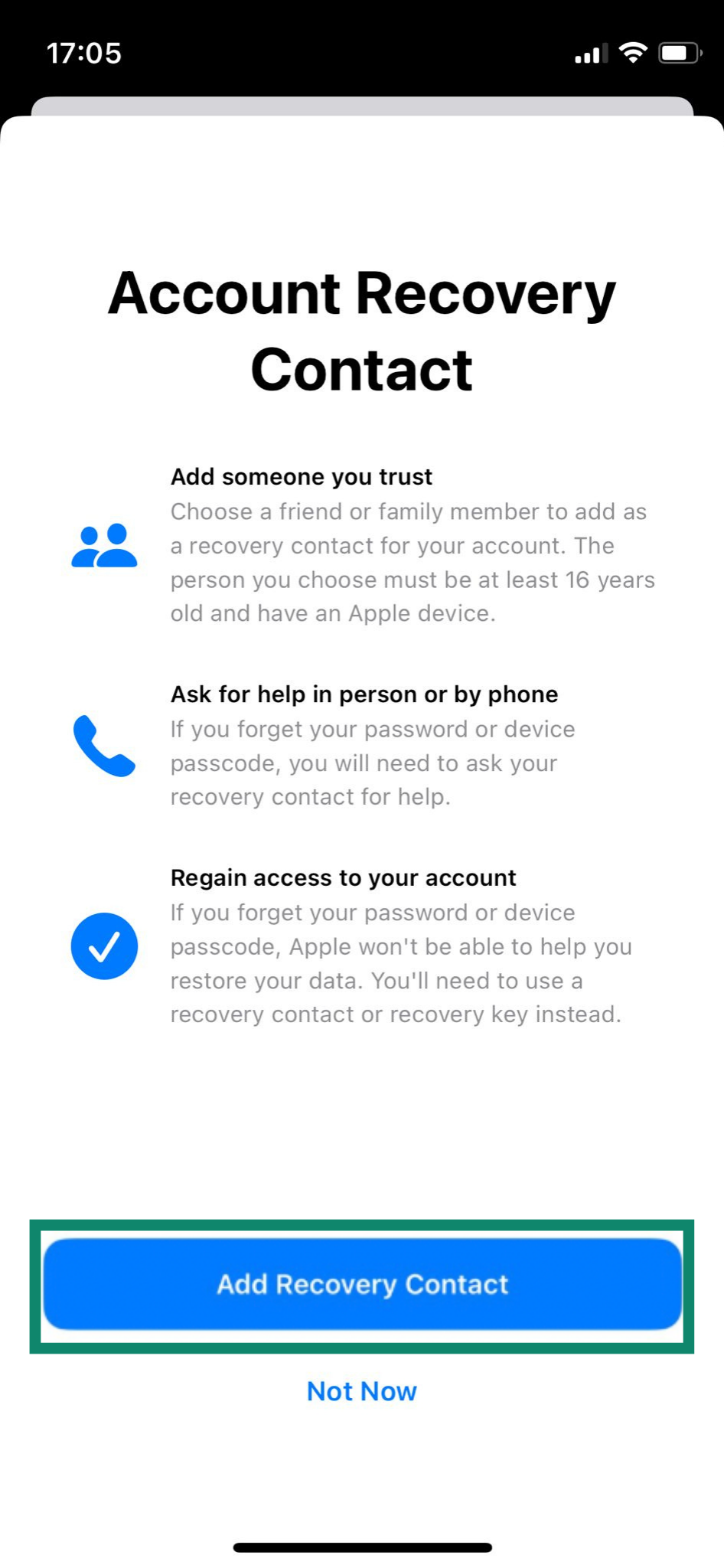 Adding the Advanced Data Protection recovery contacts on an iPhone.