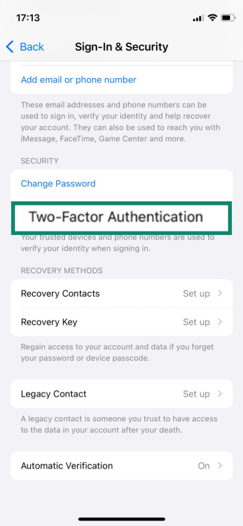 The Two-Factor Authentication setting on an iPhone.