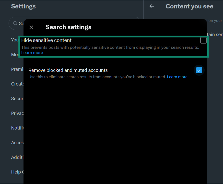 The Search settings menu of the Twitter app, showing the option to hide or show sensitive content in searches.