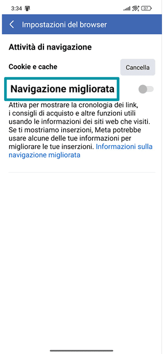 Facebook mobile app Browser settings with the Enhanced browsing toggle highlighted.