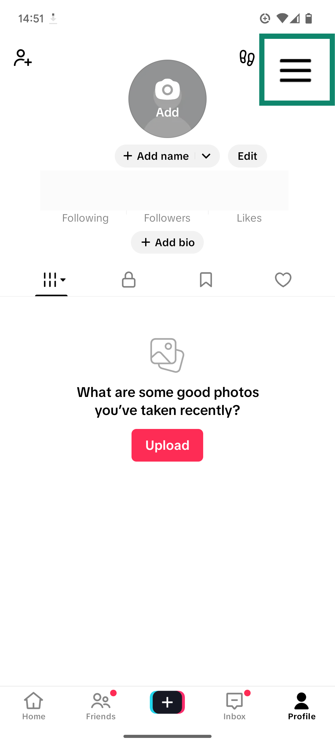 The TikTok Profile page, showing the menu button.