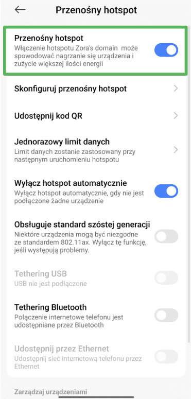 Android Mobile Hotspot settings.