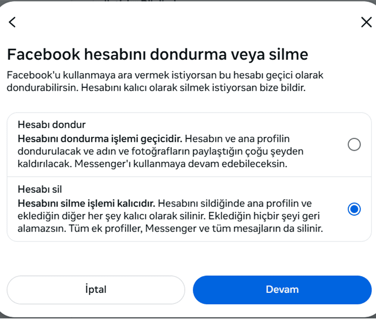 Deactivating or deleting your Facebook account selection screen.