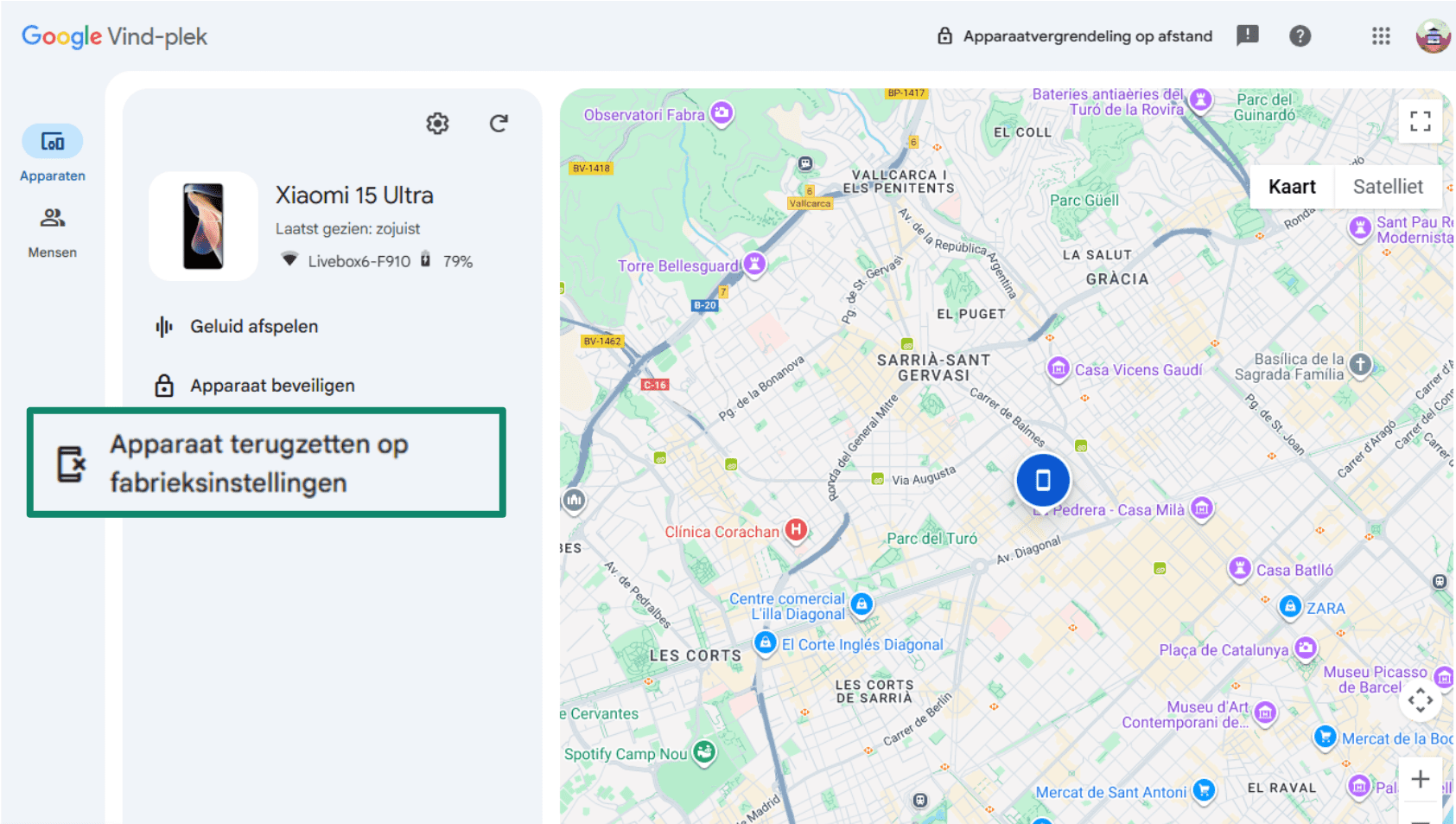 Google's Find My Device dashboard, highlighting the menu option to 'Factory reset device' for a lost Android phone.