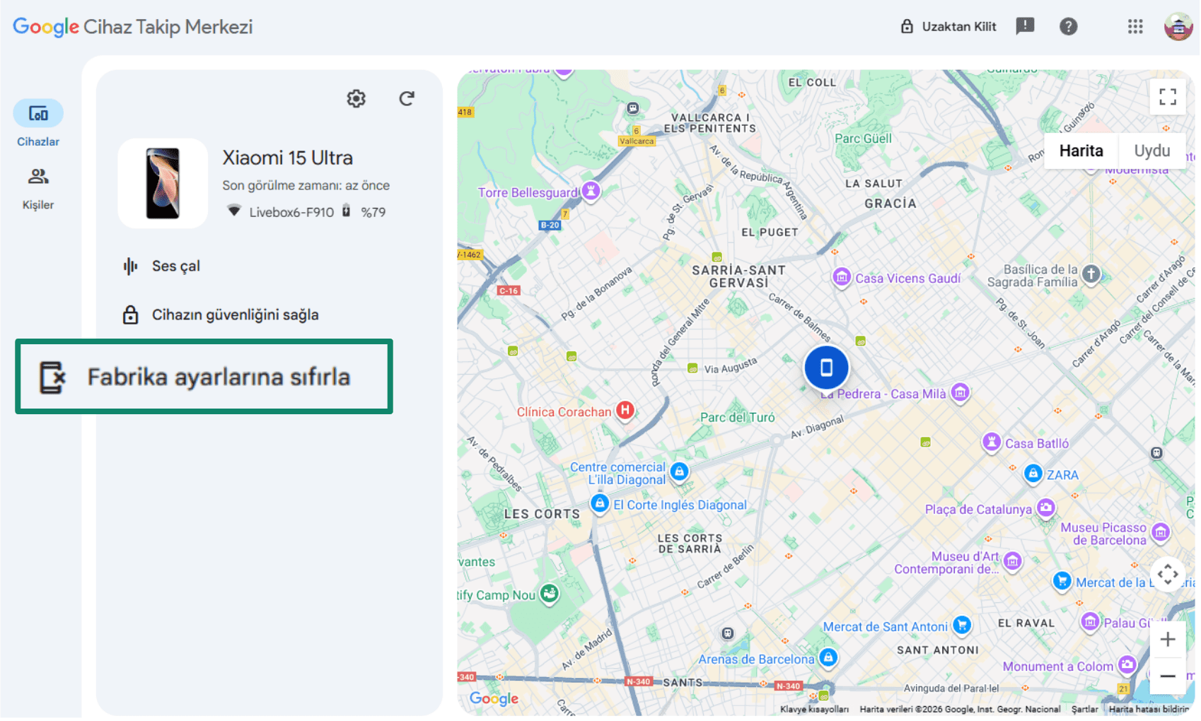 Google's Find My Device dashboard, highlighting the menu option to 'Factory reset device' for a lost Android phone.