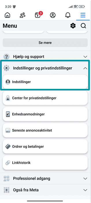 Facebook Android app Menu with Settings & privacy and Settings highlighted.