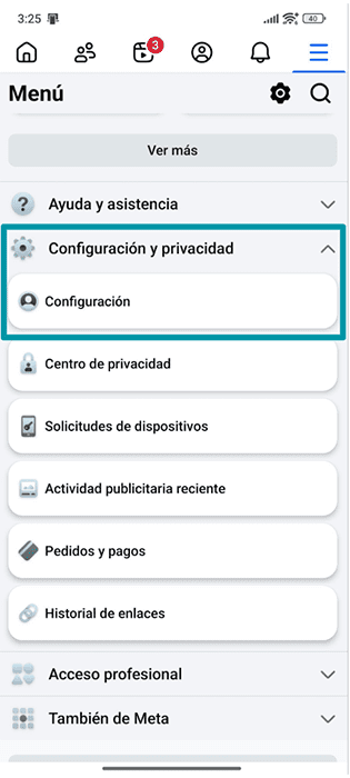 Facebook Android app Menu with Settings & privacy and Settings highlighted.