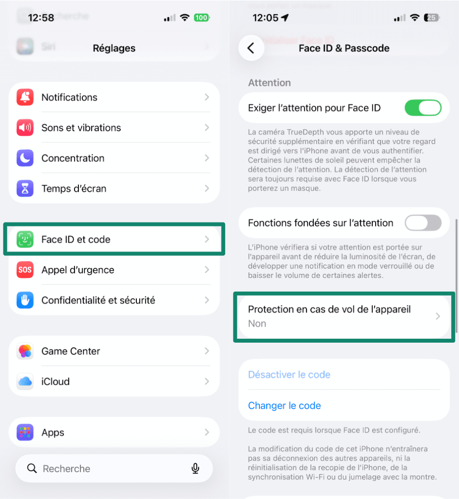 Two side-by-side screenshots of iPhone Settings. The left screenshot highlights “Face ID & Passcode” in the Settings menu. The right screenshot shows the Stolen Device Protection option highlighted within the Face ID & Passcode settings.