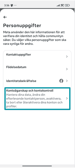 Facebook Android app Personal details settings with Account ownership and control highlighted.