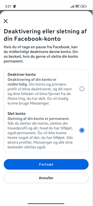 Facebook Android app selection screen for deactivating or deleting your Facebook account.