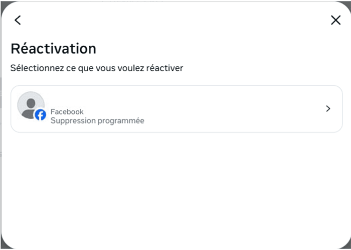 Facebook screen for selecting an additional profile to reactivate.
