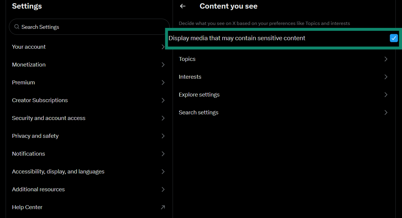 The Content you see menu of the Twitter settings, showing the option to display sensitive content.
