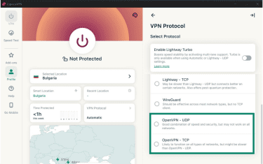 ExpressVPN's protocol list on Windows, highlighting OpenVPN-UDP and OpenVPN-TCP protocols as options.