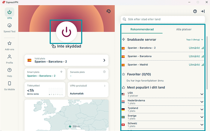 ExpressVPN's main screen on Windows, showing a list of servers and the Connect button.