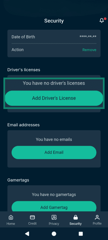 The Identity Defender Security tab, open to the Dark web page, and highlighting the Add Driver's License option.