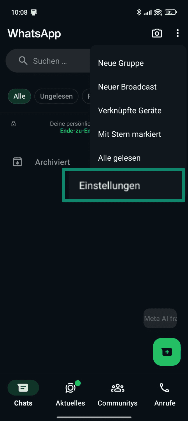 WhatsApp Android app with settings option highlighted