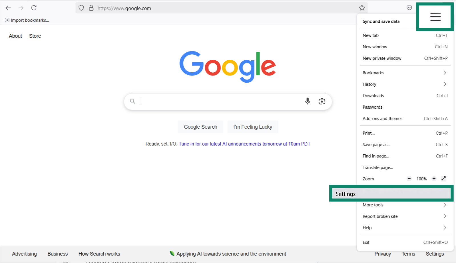 The Firefox menu bar, with the horizontal bars at the top and Settings highlighted.