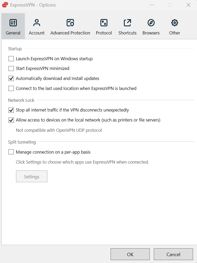 ExpressVPN app interface with the Options menu opened, and the General tab selected within the Options settings.