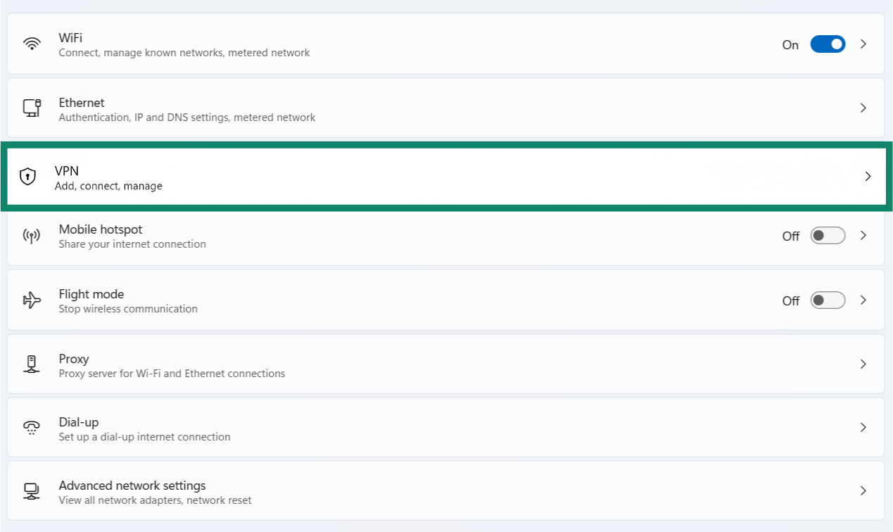 The Windows Network & internet settings, with the VPN option highlighted.