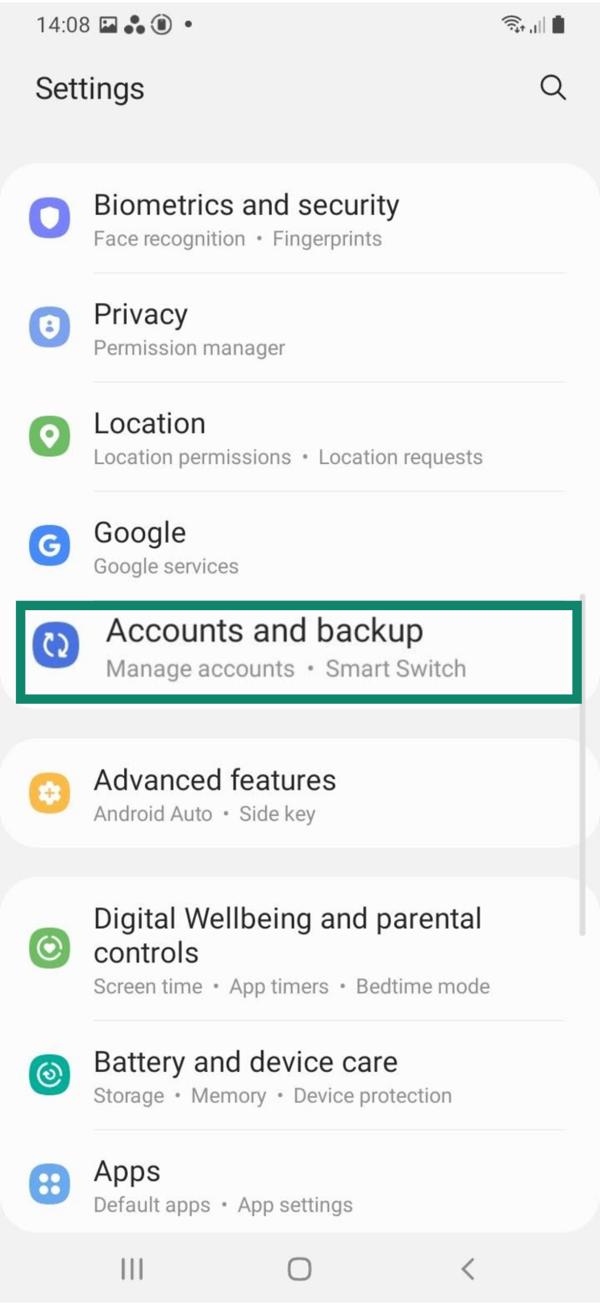 Accounts and backup option on an Android.