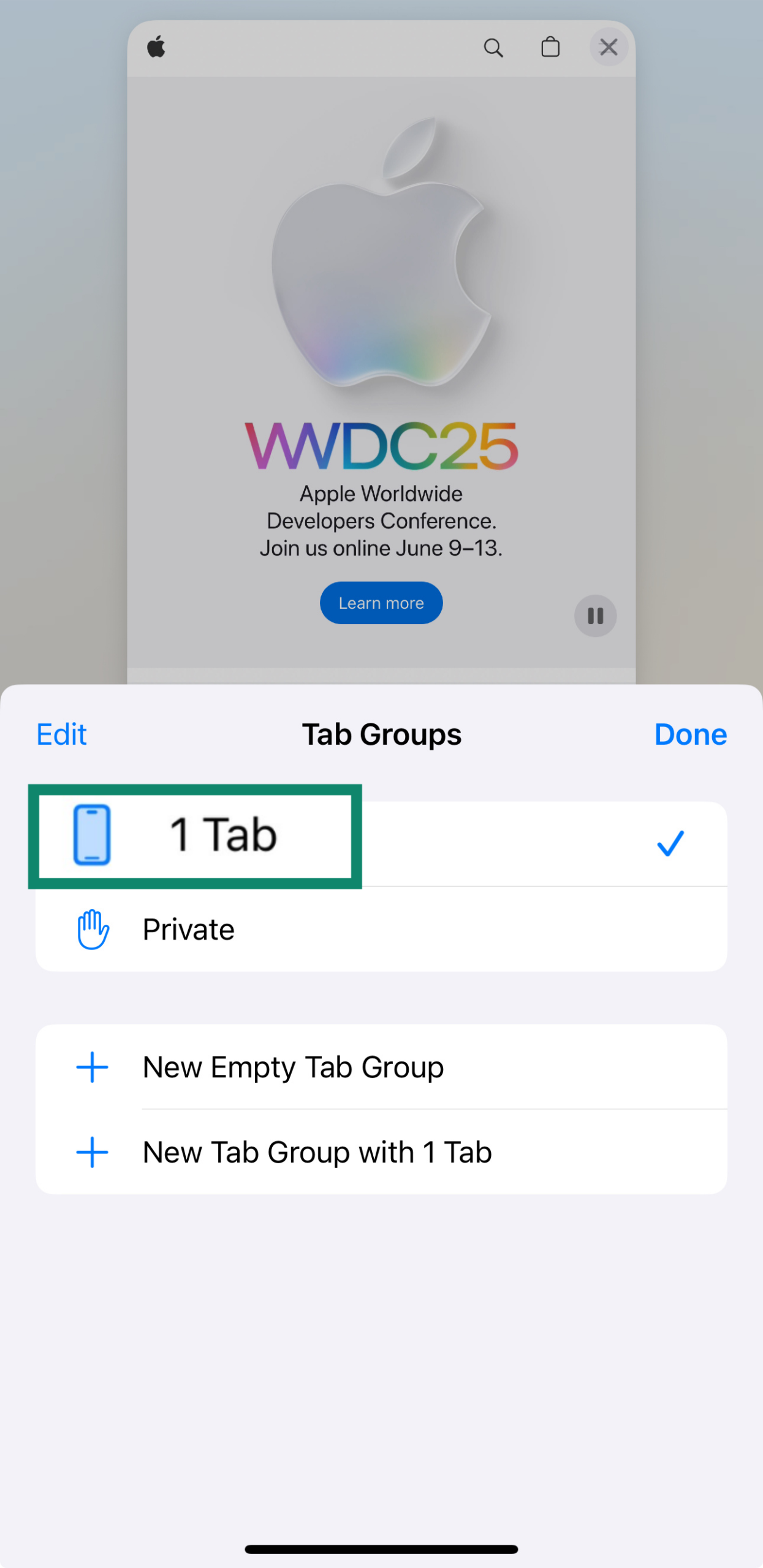 Safari Tab Groups highlighting the 1 Tab option.