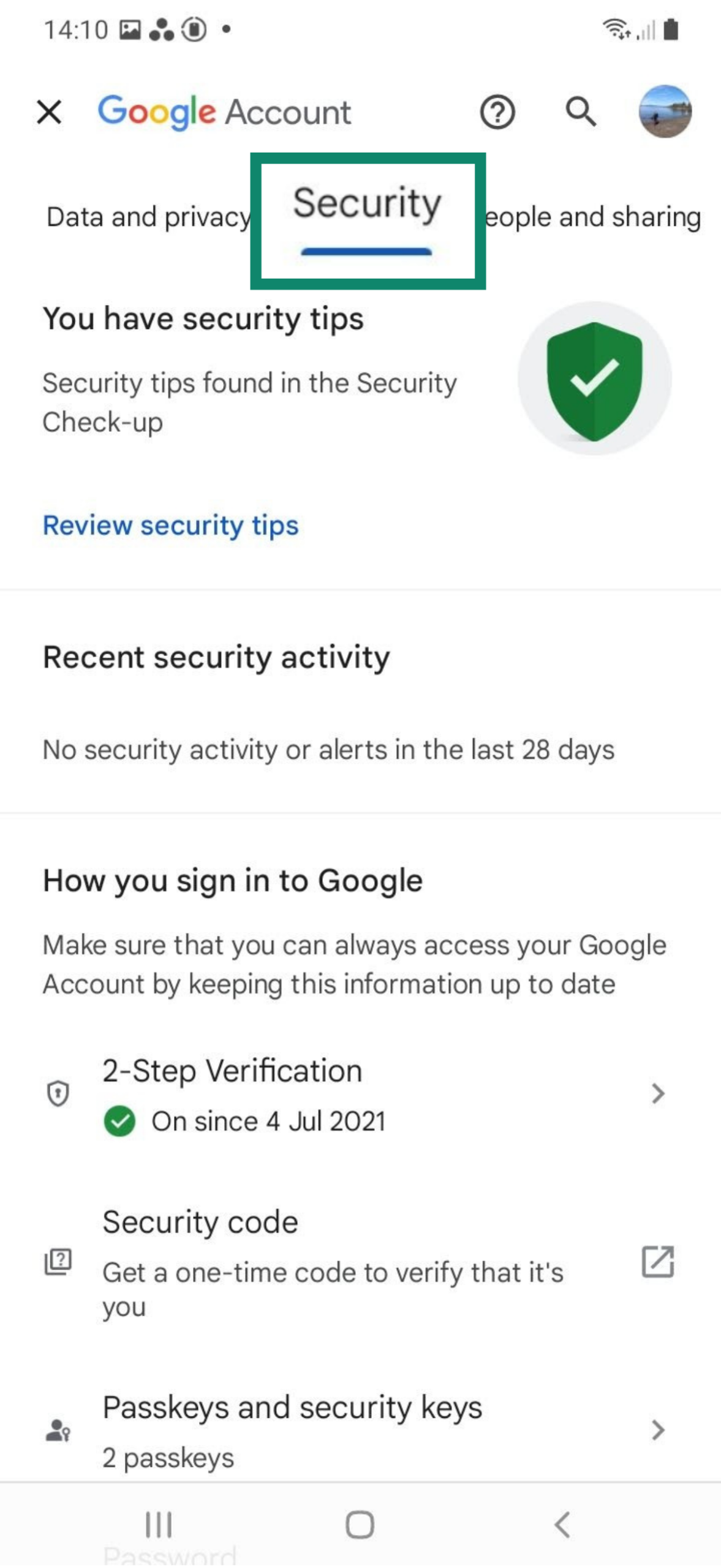 Swipe to the Security tab on Android.