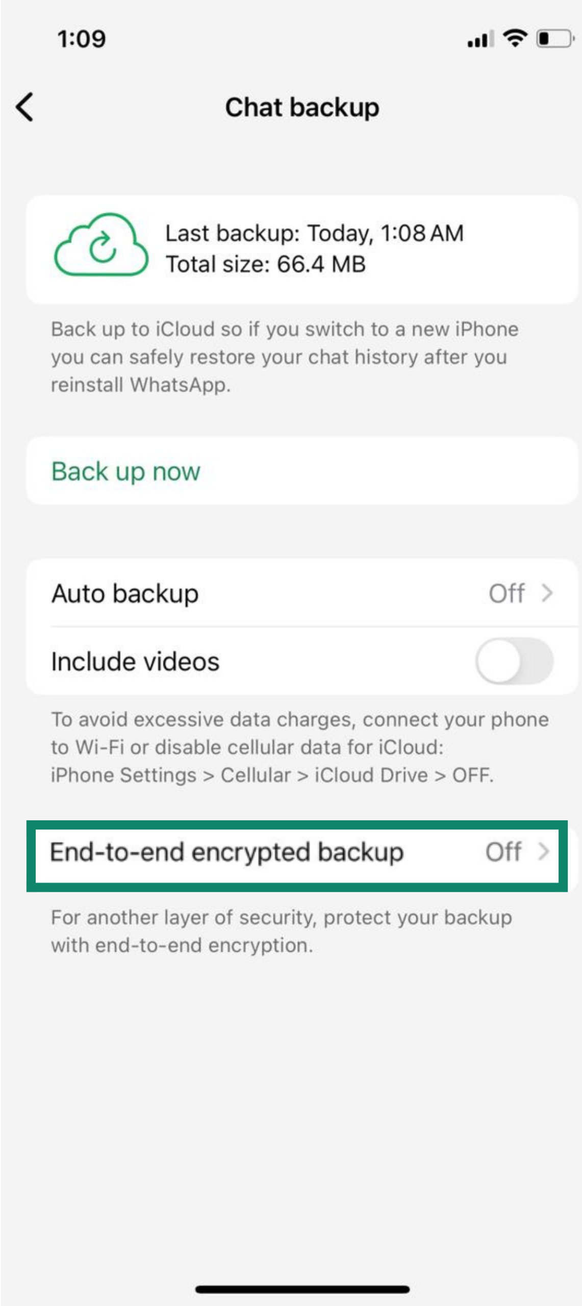 WhatsApp Chat backup screen indicating encrypted backups are disabled