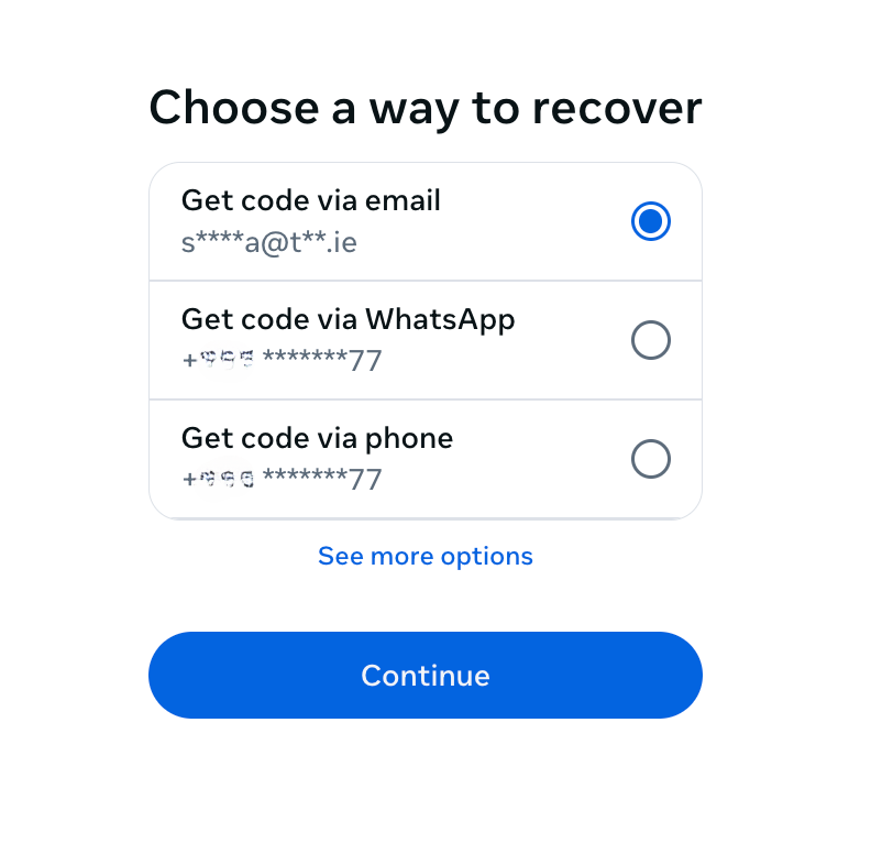 Recovery code selection screen in Facebook.