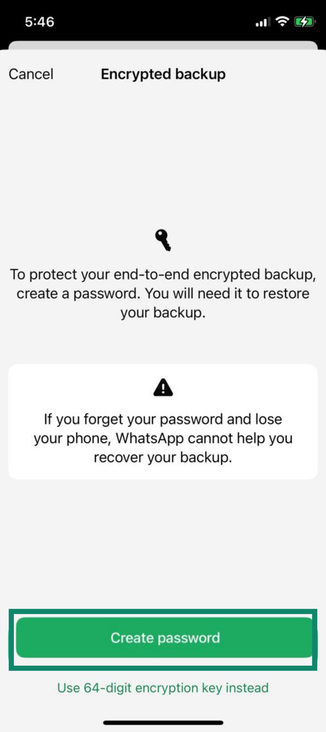 Prompt to create a password for encrypted backup with warning about forgotten password