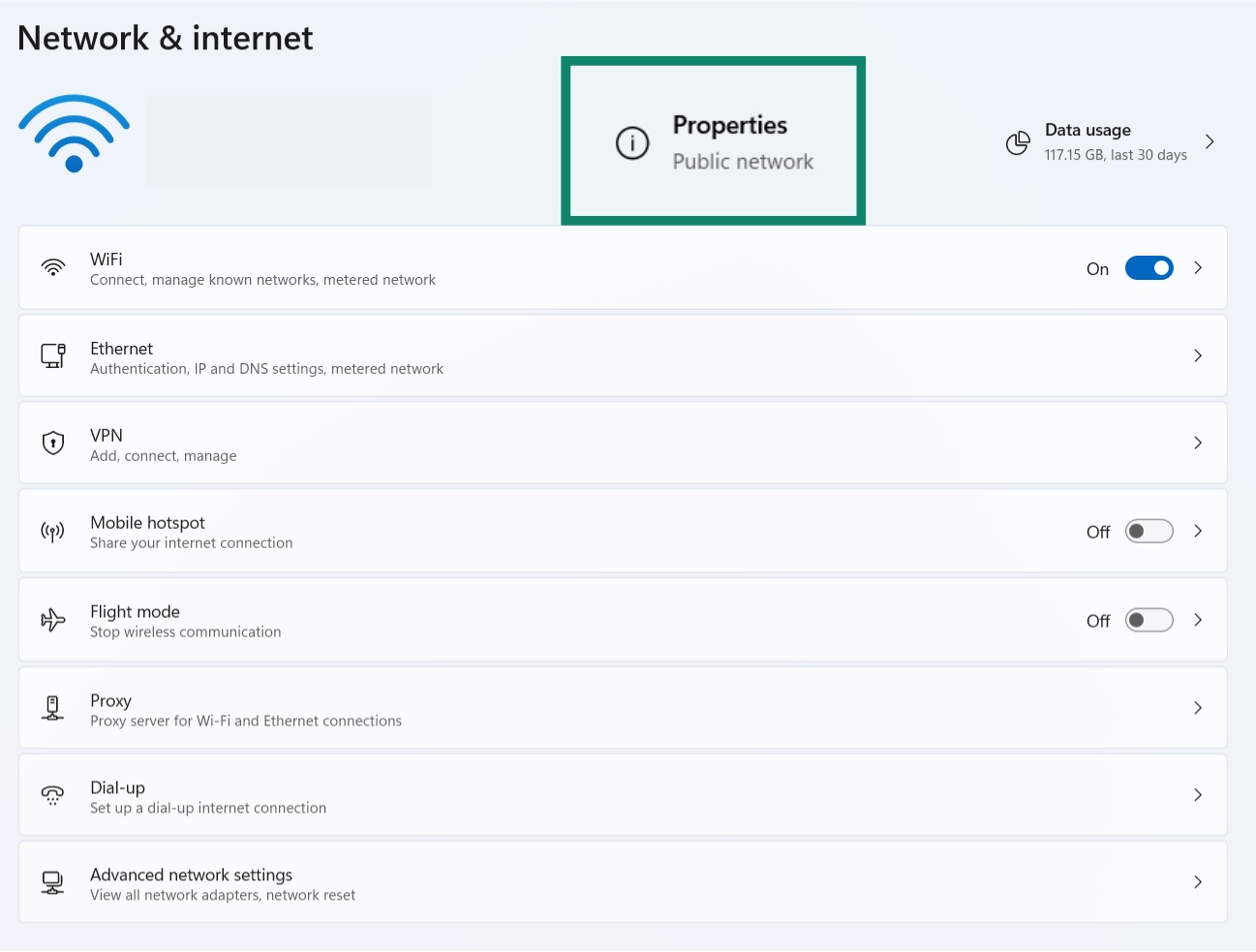The Windows Network & internet settings menu, showing the Properties button.